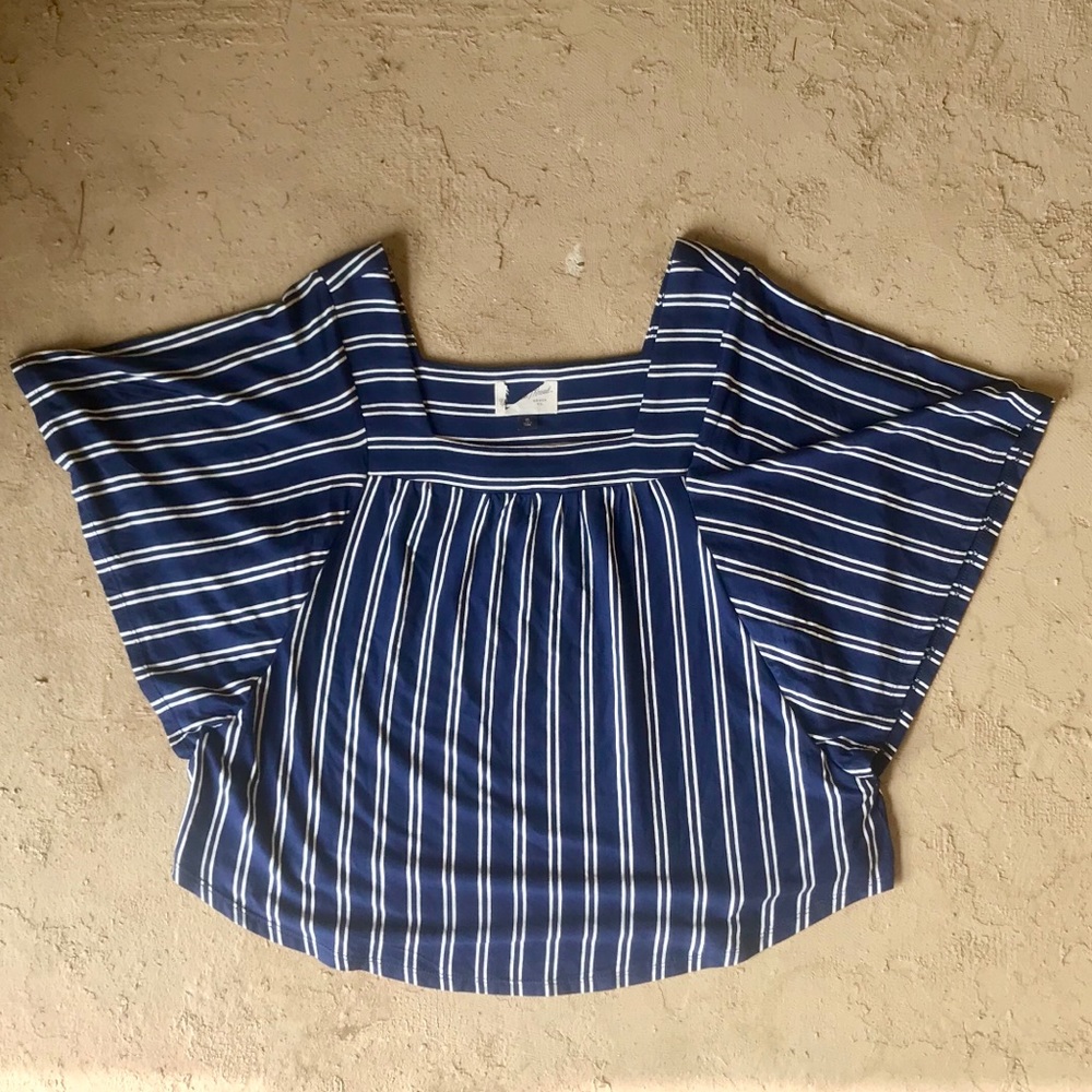 Blue and White Striped Butterfly Crop Top